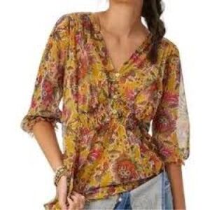 Anthropologie Gretchen Mustard Floral Smocked Top Sz-XS